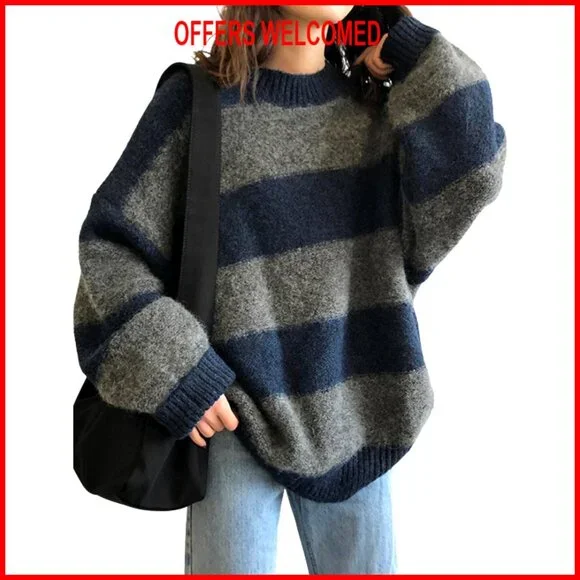 Oversized Striped Pullover Sweater, Crewneck Knit Top, Long Sleeve - Picture 1 of 7